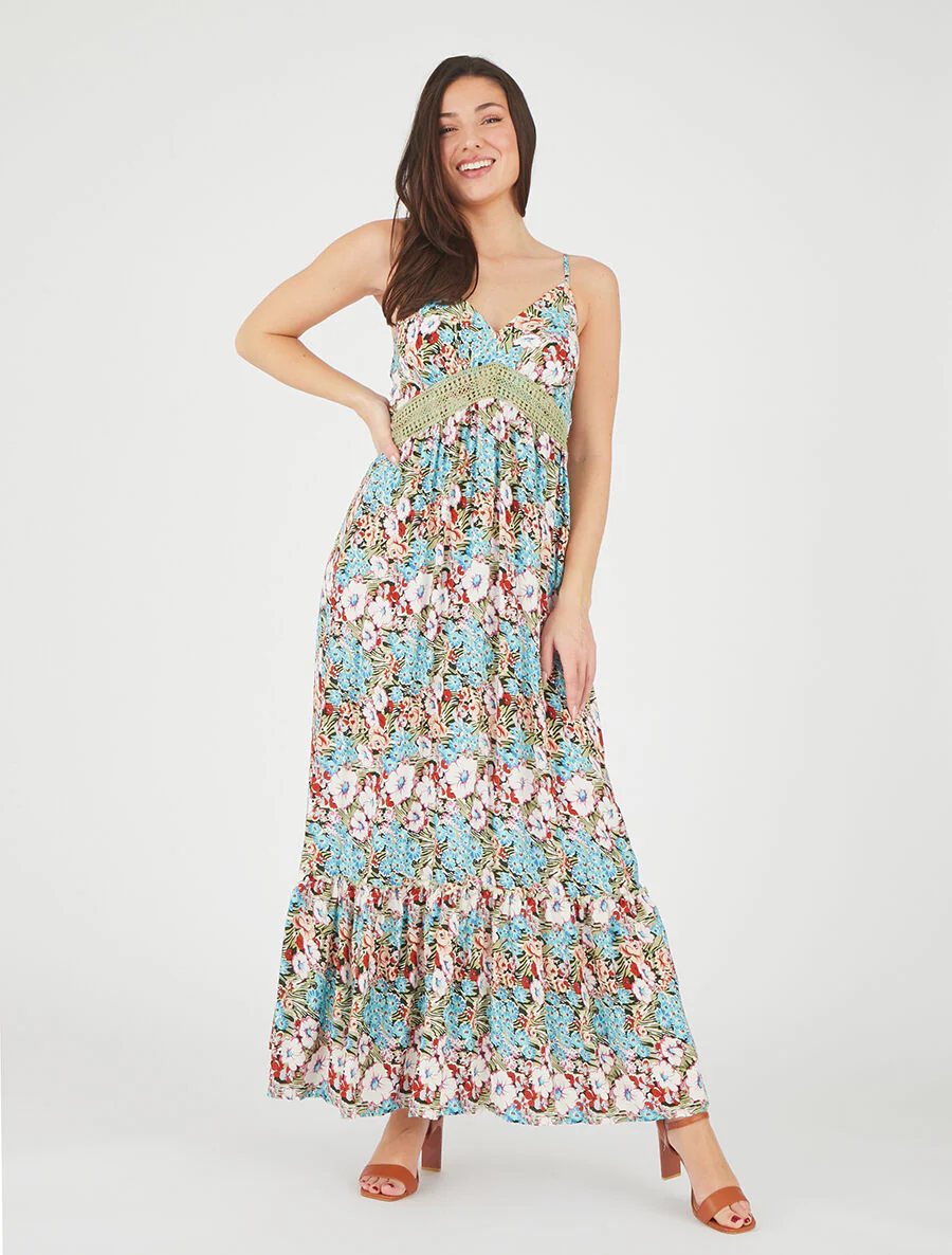 Robe longue fleuri à col V - Vert - Image 4
