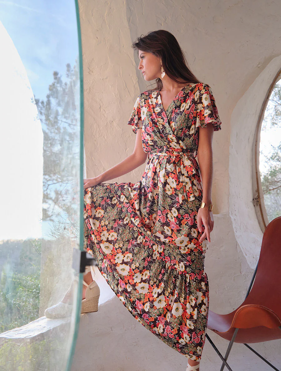 Robe longue fleurie à boutons décoratifs - Noir - Image 4