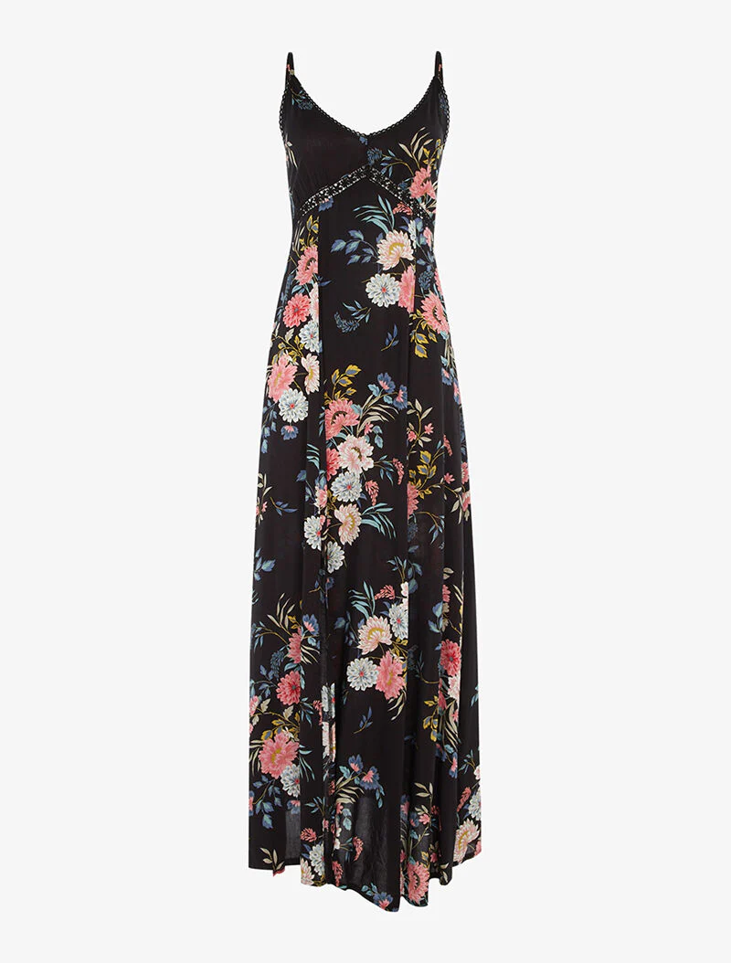 Robe longue fleurie à détails crochet - noir