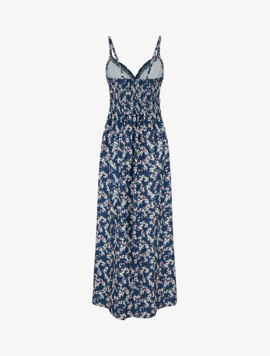 Robe longue fleurie à dos élastiqué - Marine - Image 2