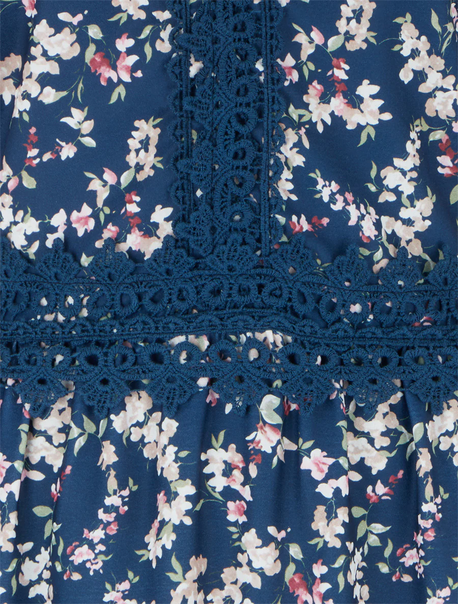 Robe longue fleurie à dos élastiqué - Marine - Image 3
