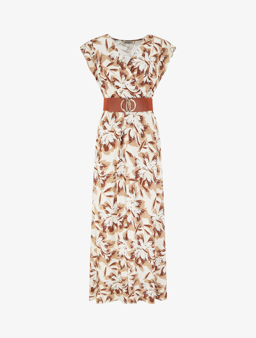 Robe longue fleurie à mancherons volantés - Marron
