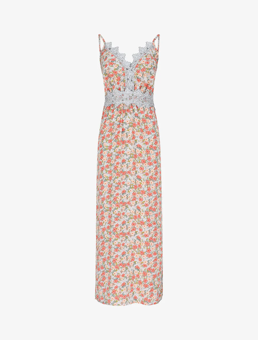 Robe longue fleurie et à fines broderies - Orange
