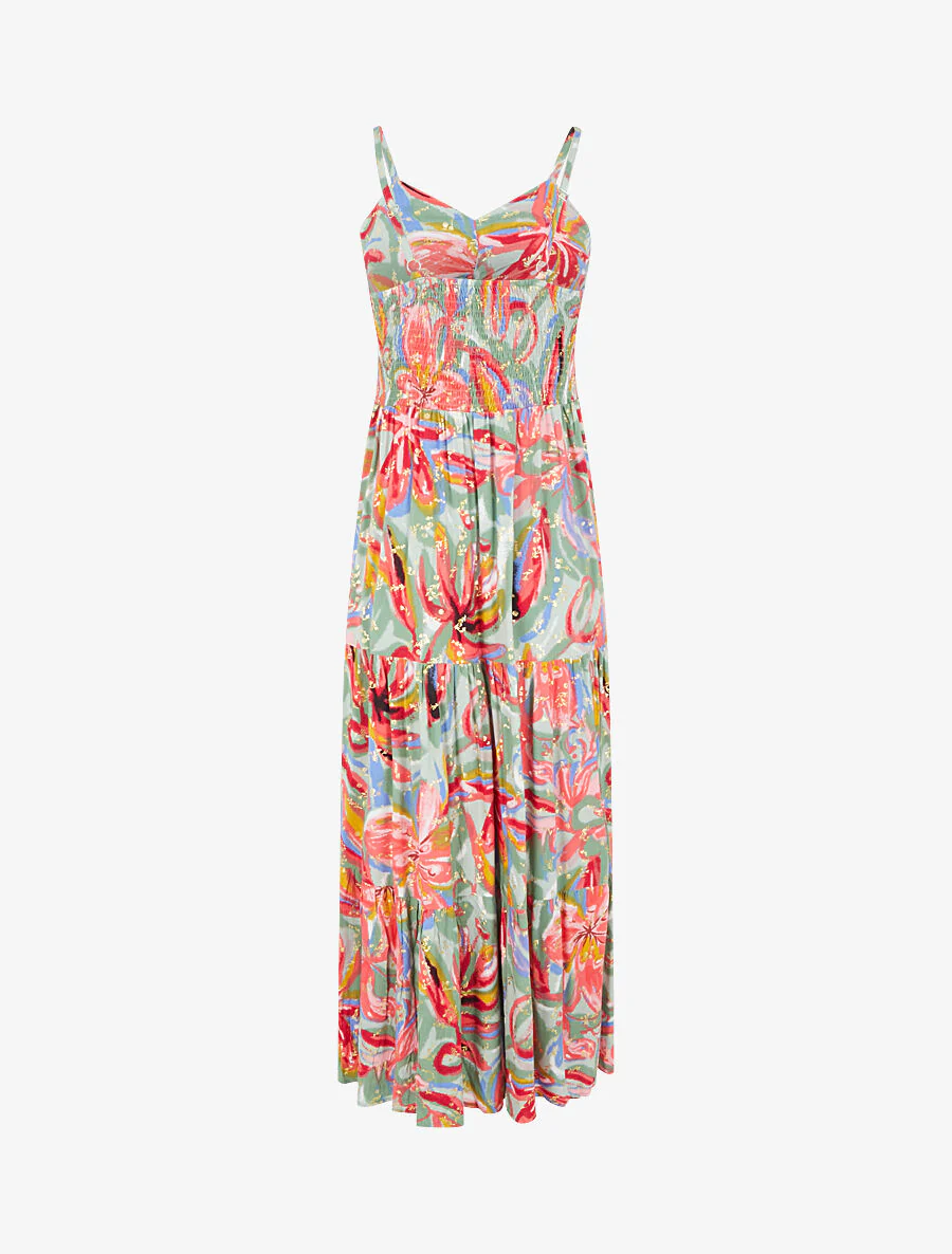 Robe longue fleurie évasée à fines bretelles - Vert/fuschia - Image 2