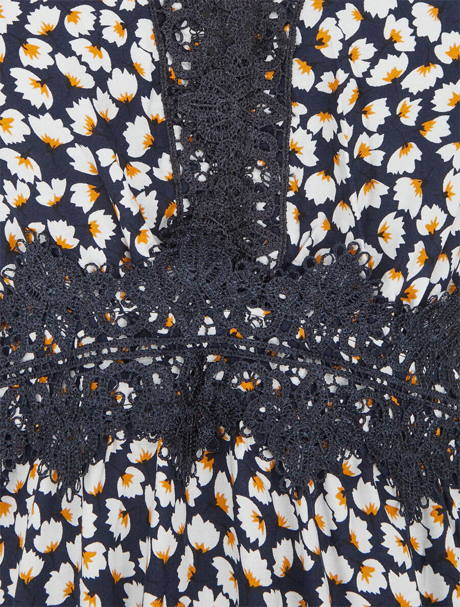 Robe longue fleurs à detail broderies - Marine - Image 3