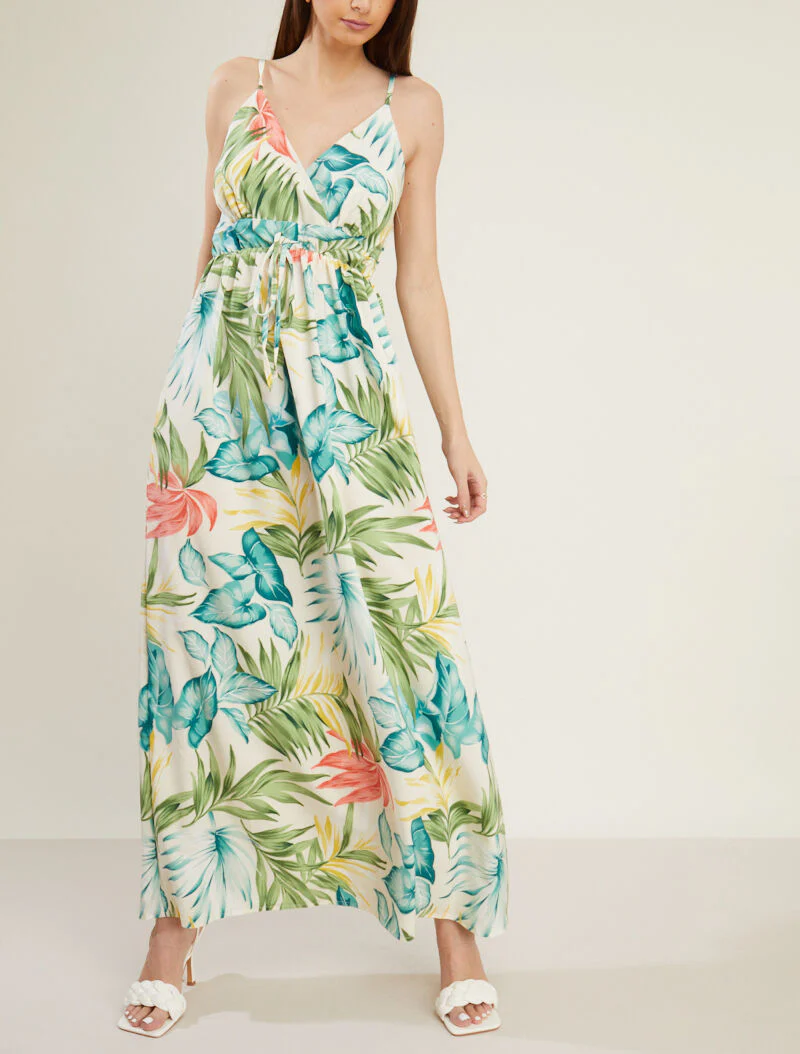Robe longue fluide à imprimé estivale - ecru