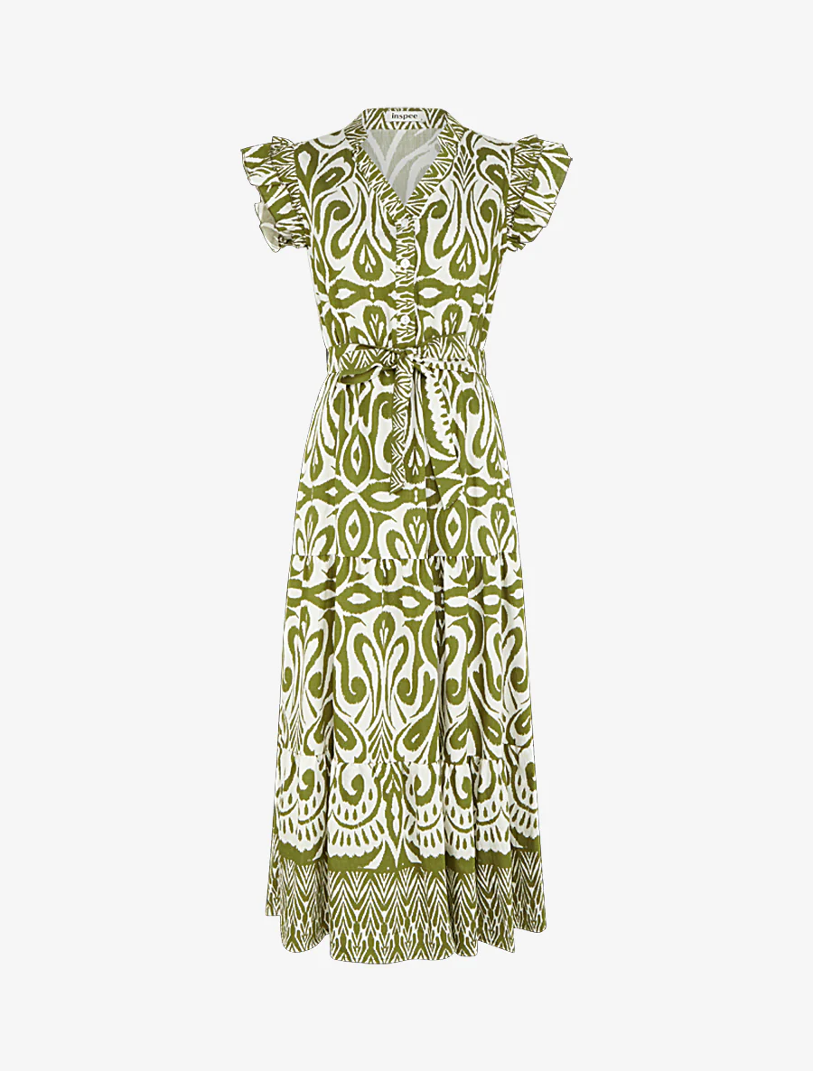 Robe longue graphique coupe évasée - Kaki