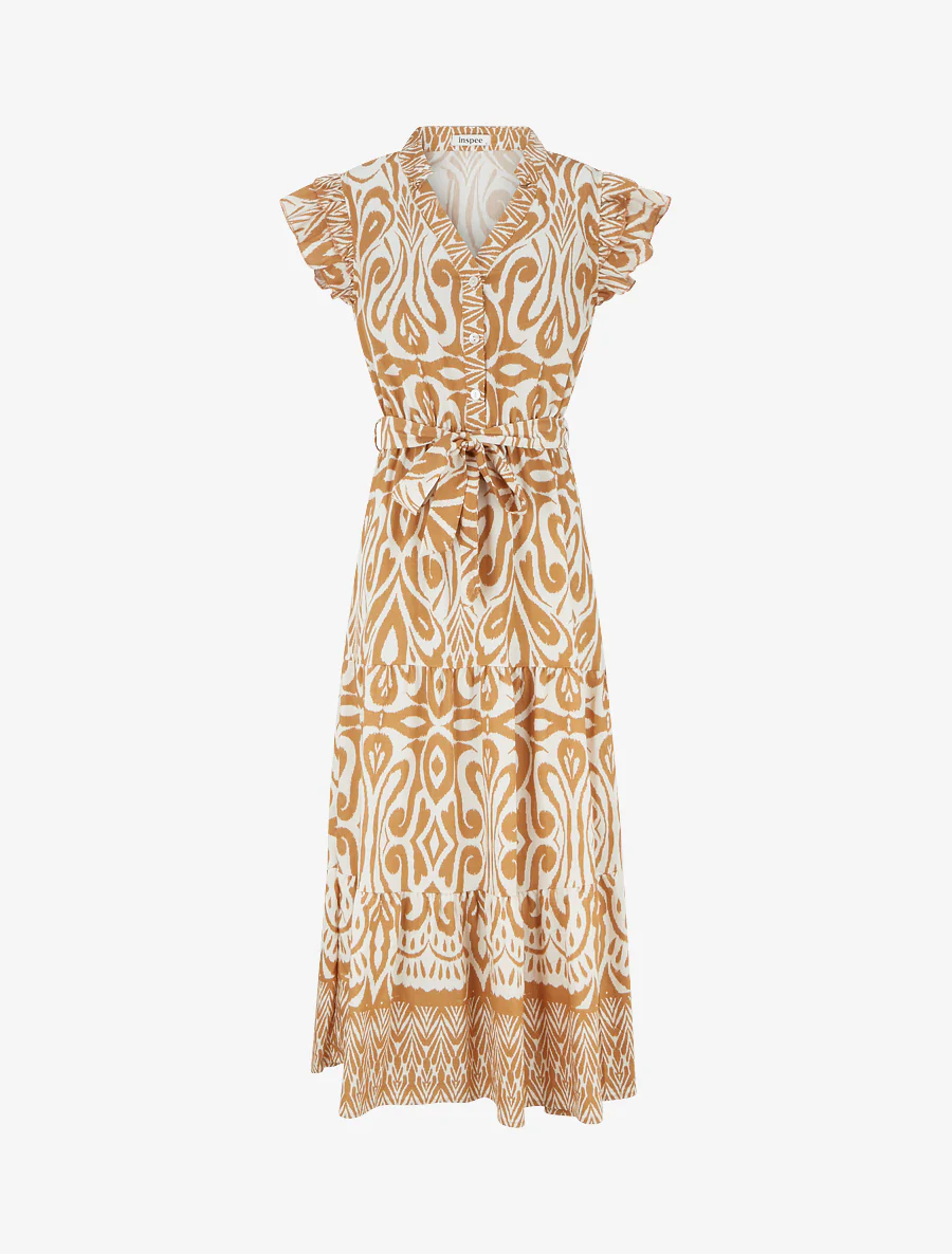 Robe longue graphique coupe évasée - Camel