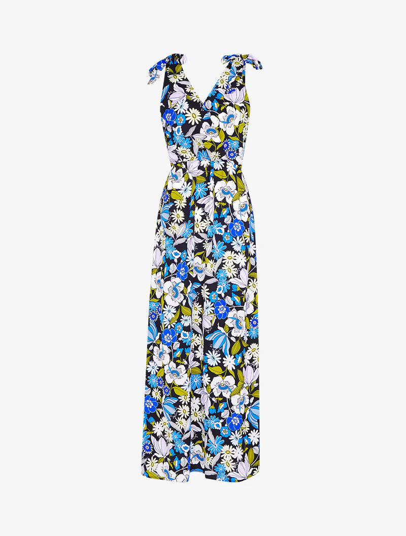 Robe longue imprimé à épaules à nouer - noir