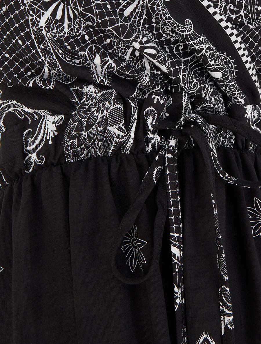 Robe longue imprimé arabesque fleuri - Noir - Image 3