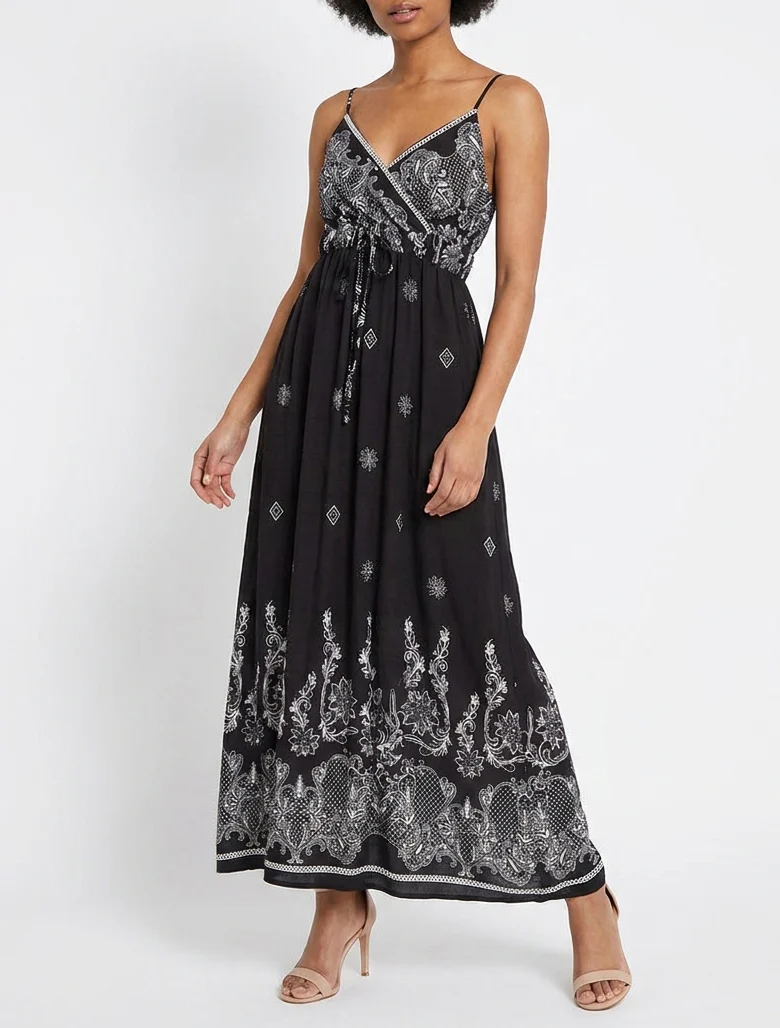 Robe longue imprimé arabesque fleuri - Noir - Image 4
