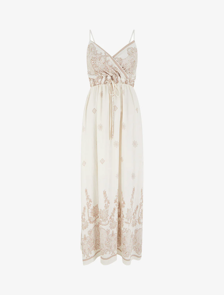 Robe longue imprimé arabesque fleuri - Écru