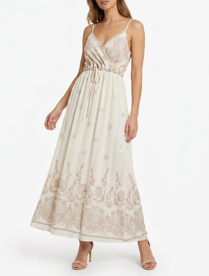 Robe longue imprimé arabesque fleuri - Écru - Image 4