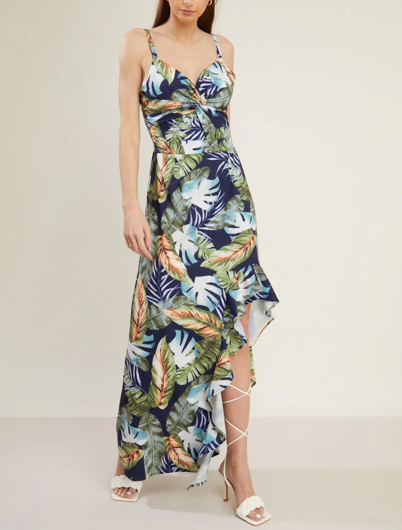 Robe longue imprimé estivale à côté fendu - marine