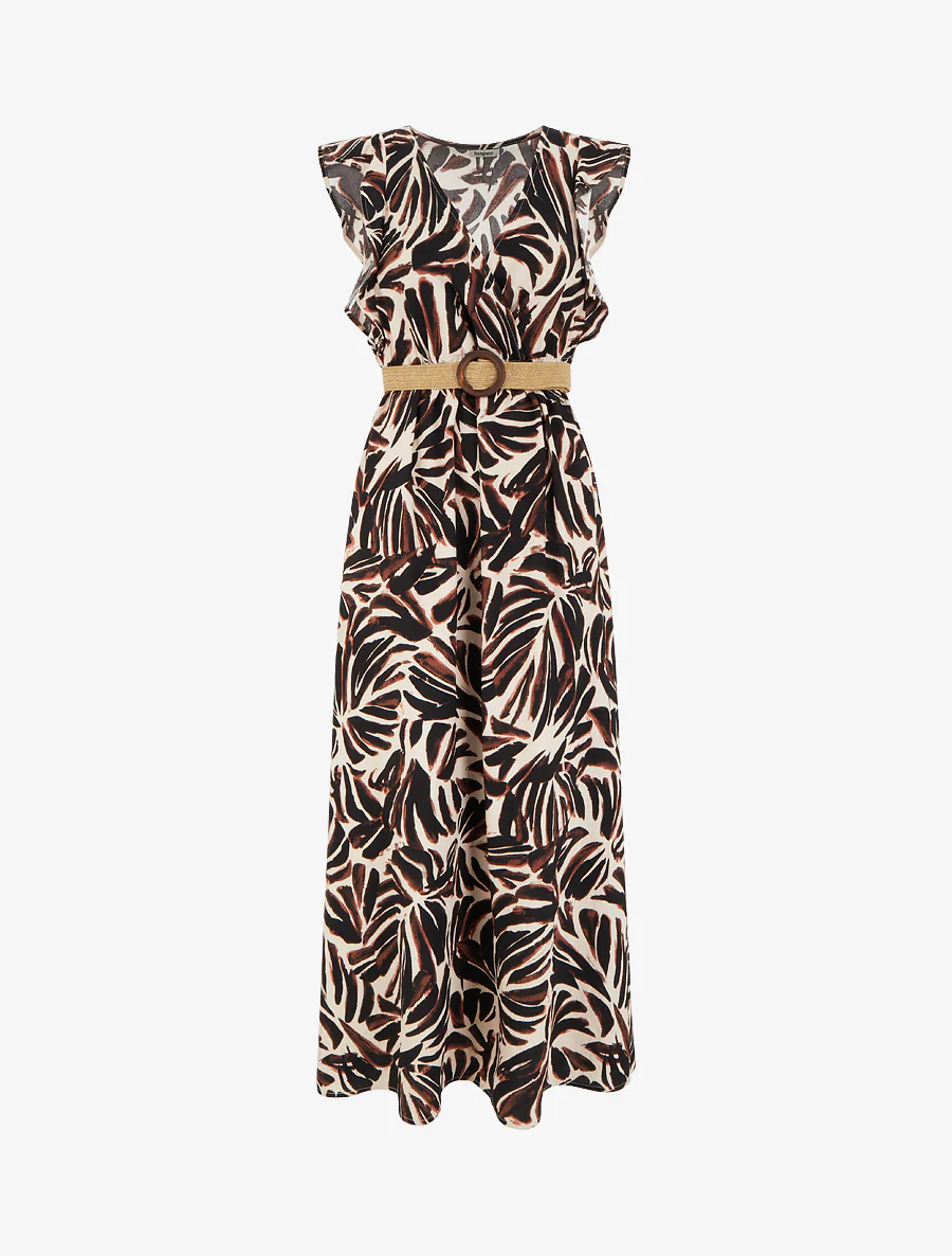 Robe longue imprimé fantaisie à col cache-coeur - Marron