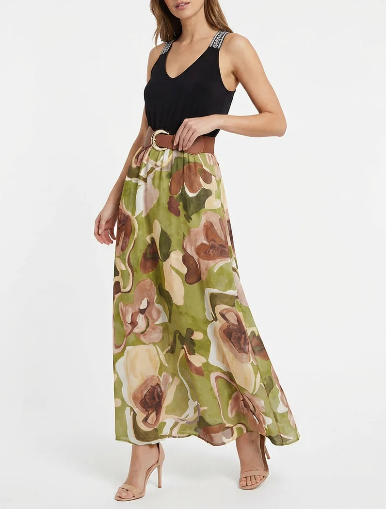 Robe longue imprimé fantaisie - Vert olive - Image 4