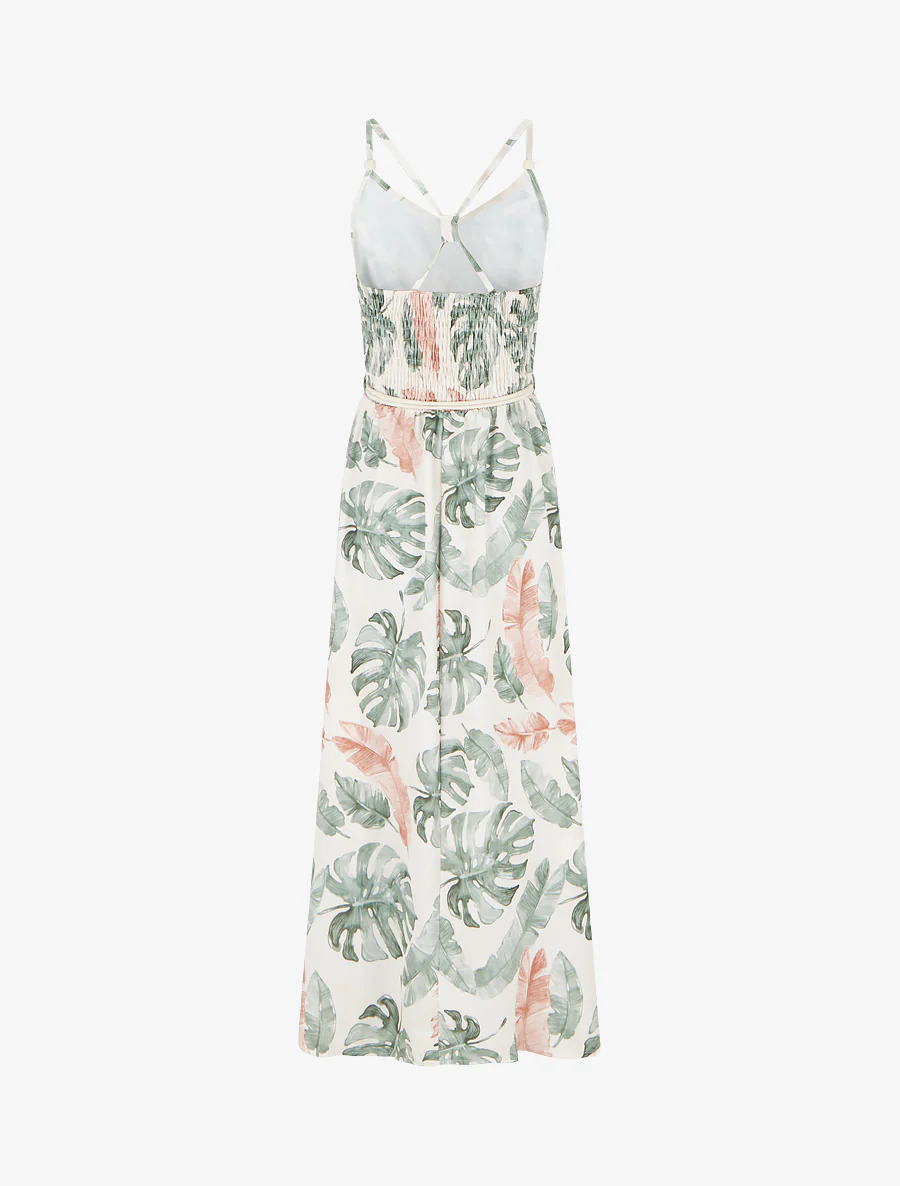 Robe longue imprimé feuillage à taille élastiquée - Kaki - Image 2