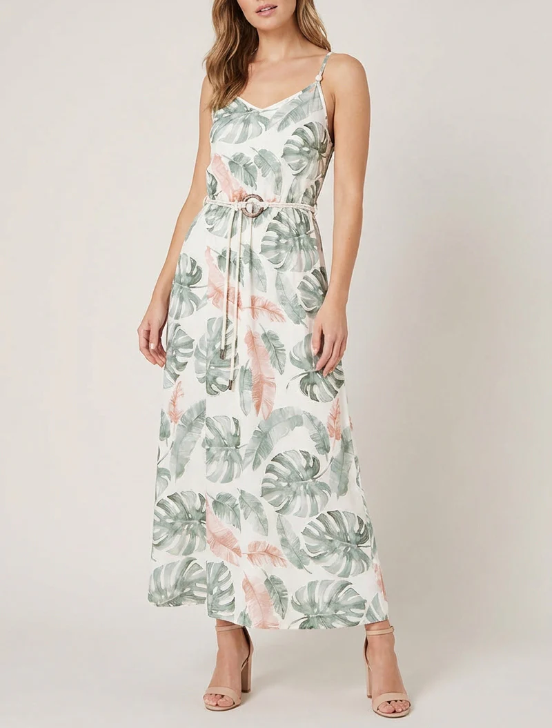 Robe longue imprimé feuillage à taille élastiquée - Kaki - Image 4