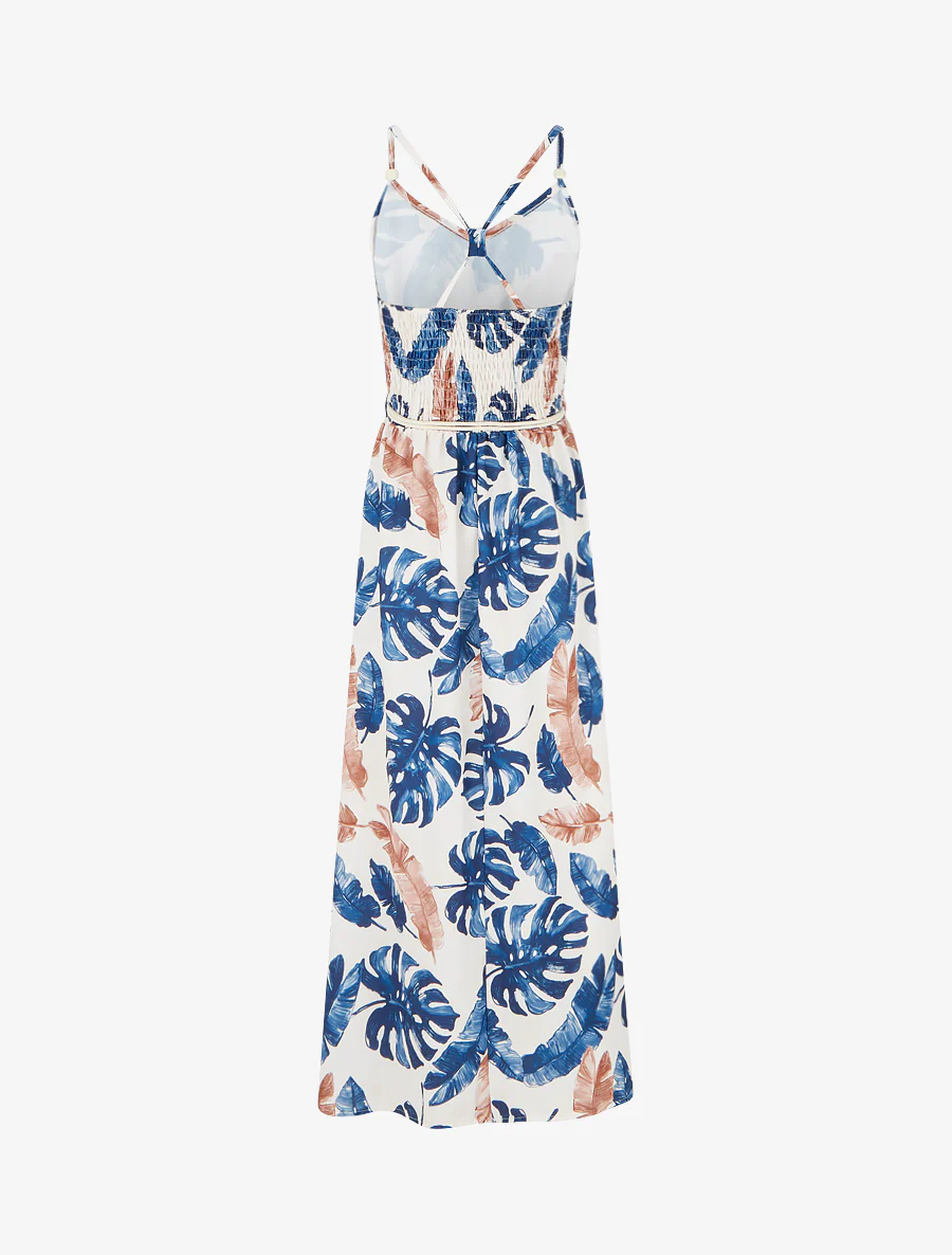 Robe longue imprimé feuillage à taille élastiquée - Marine - Image 2
