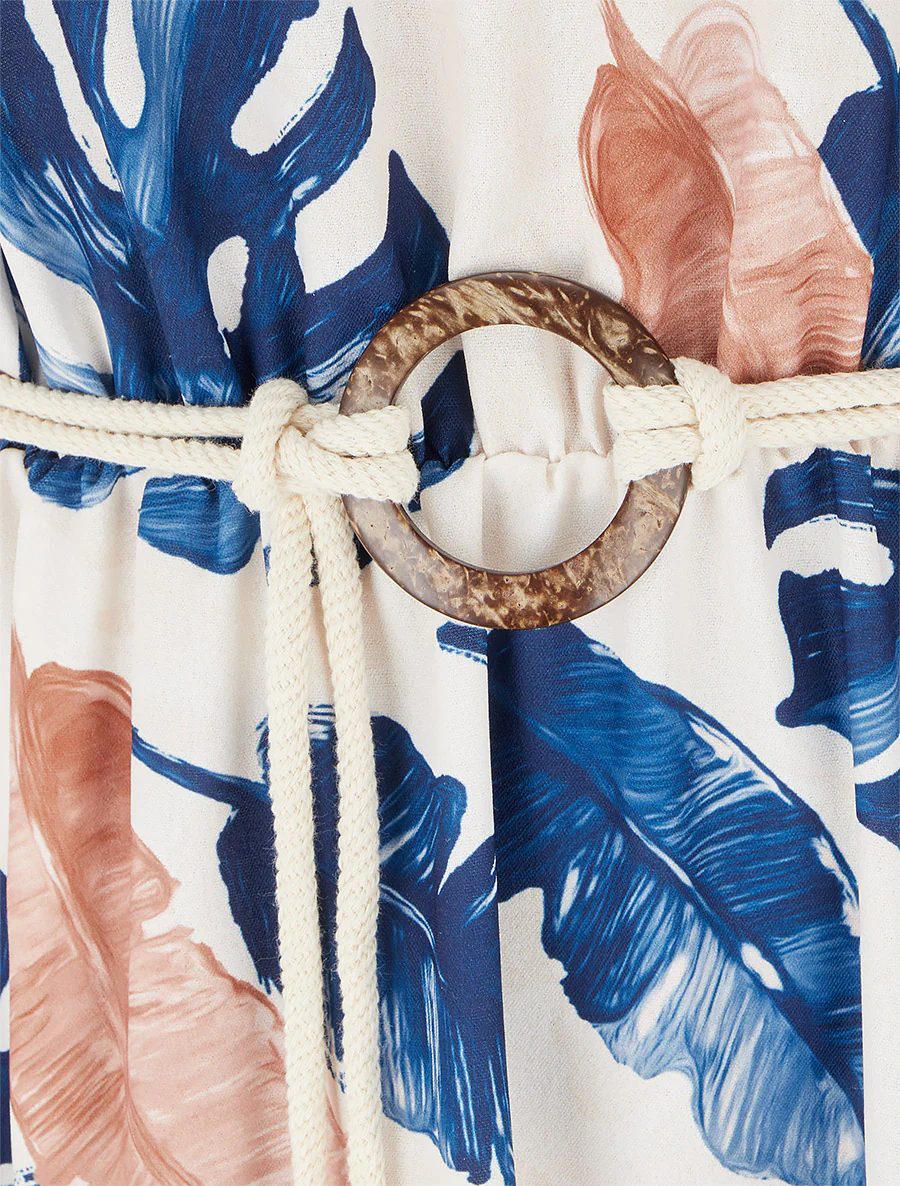 Robe longue imprimé feuillage à taille élastiquée - Marine - Image 3