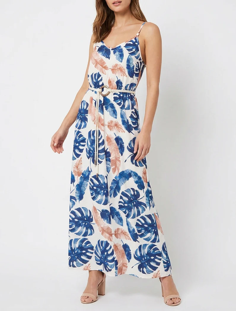Robe longue imprimé feuillage à taille élastiquée - Marine - Image 4