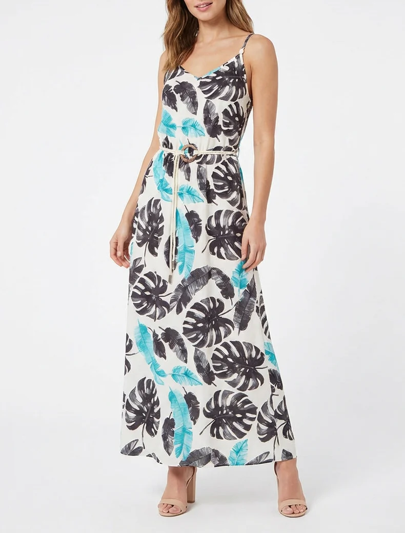 Robe longue imprimé feuillage à taille élastiquée - Noir - Image 4