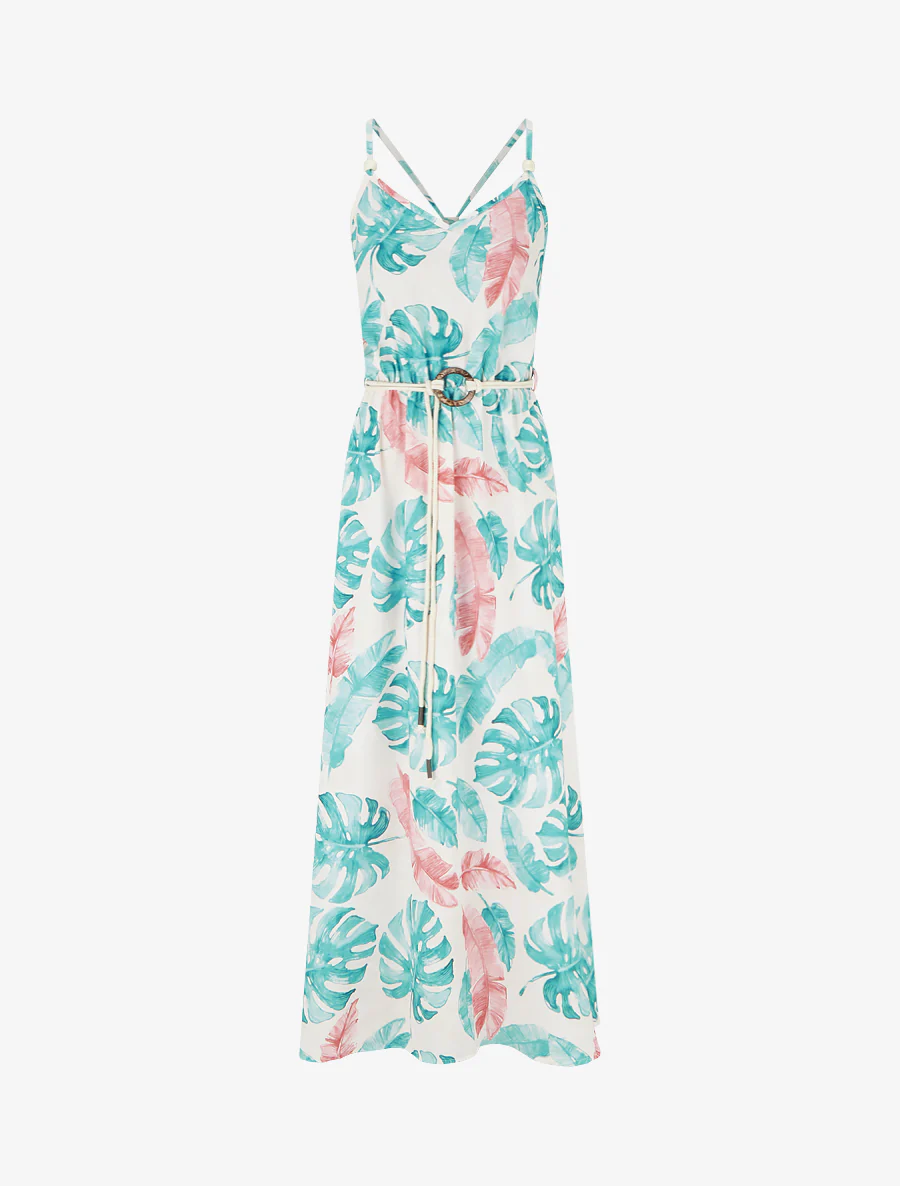 Robe longue imprimé feuillage à taille élastiquée - Turquoise