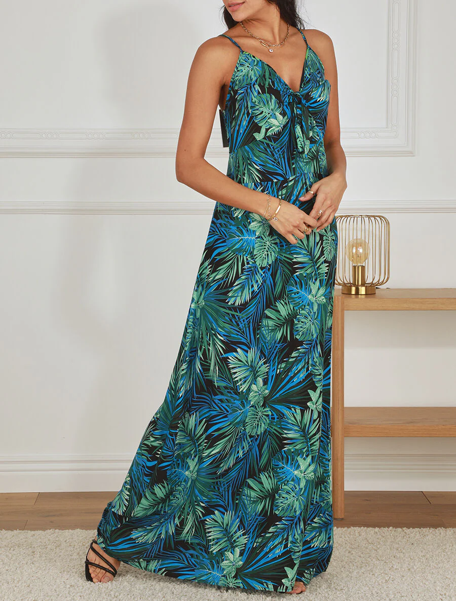 Robe longue imprimé feuillage et col à nouer - Noir - Image 4