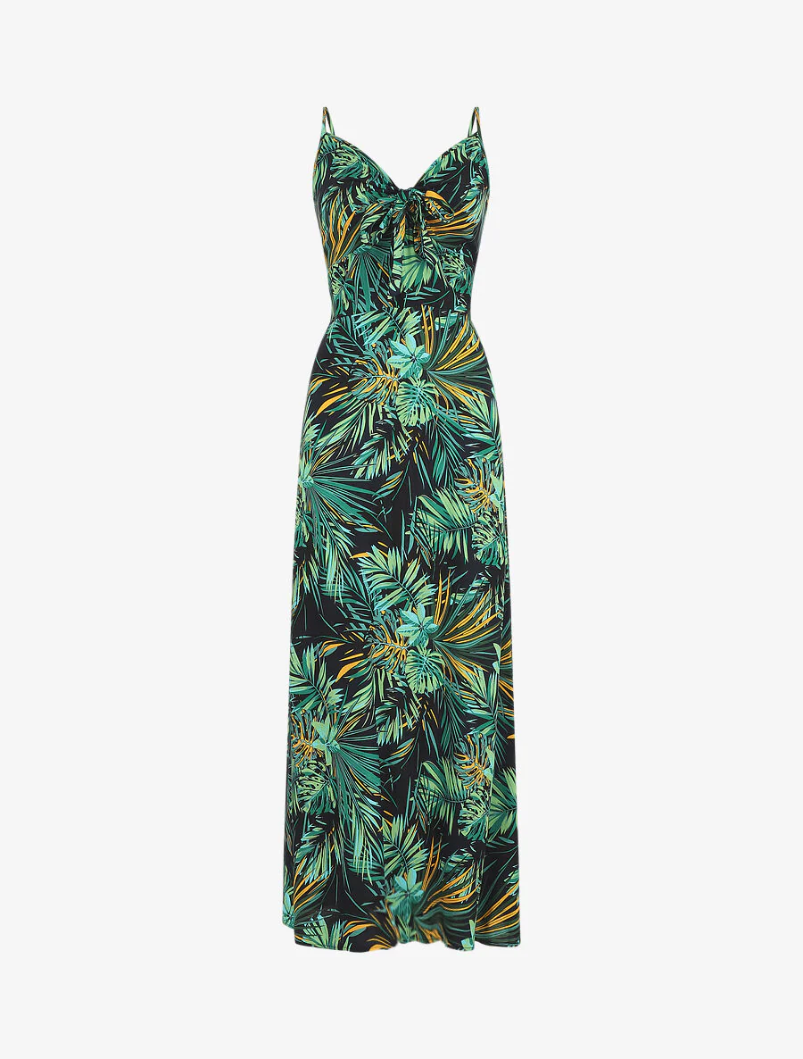 Robe longue imprimé feuillage et col à nouer - Bleu nuit