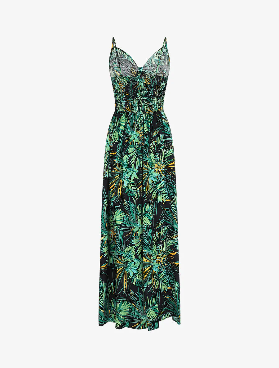 Robe longue imprimé feuillage et col à nouer - Bleu nuit - Image 2