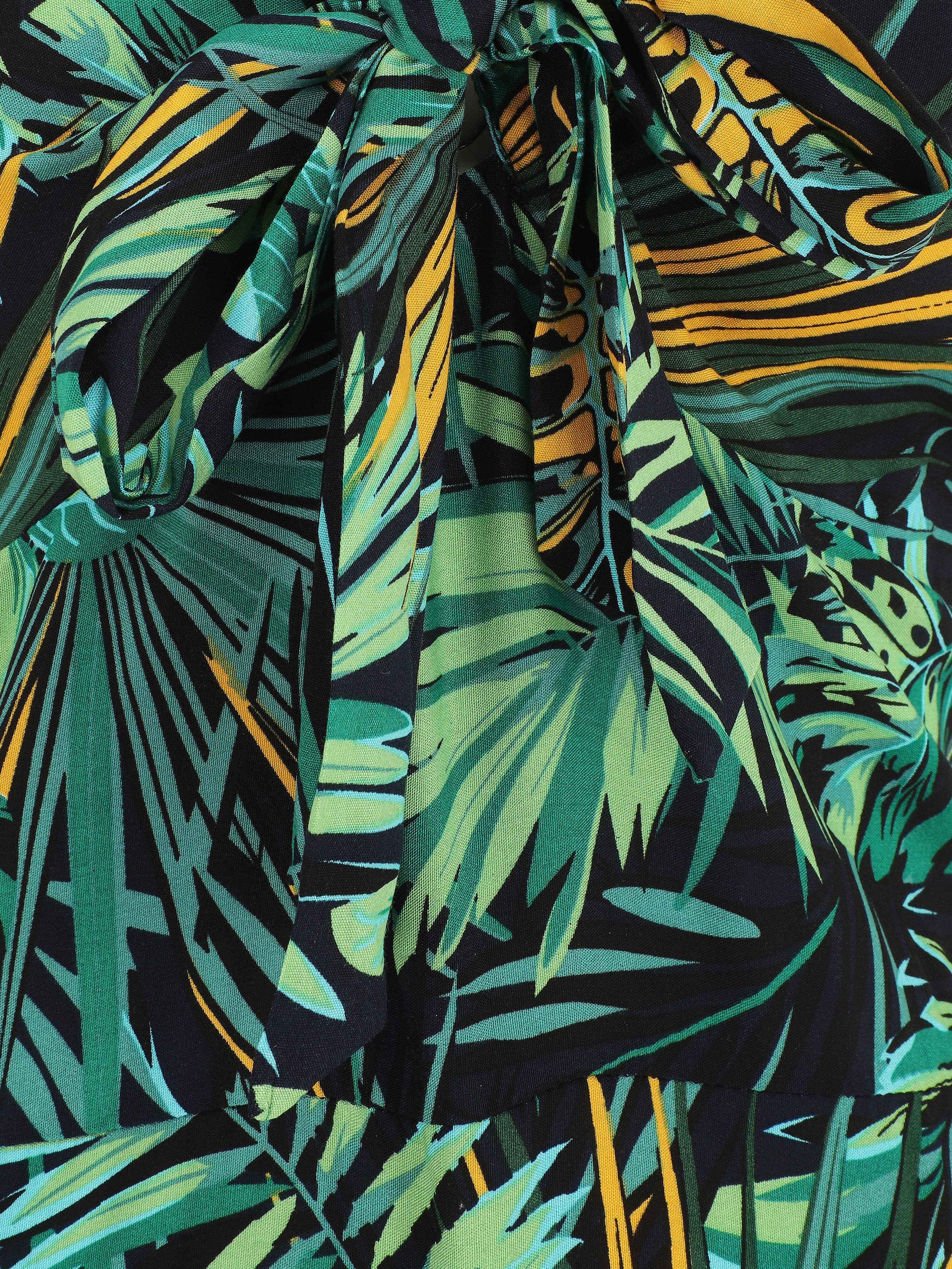 Robe longue imprimé feuillage et col à nouer - Bleu nuit - Image 3