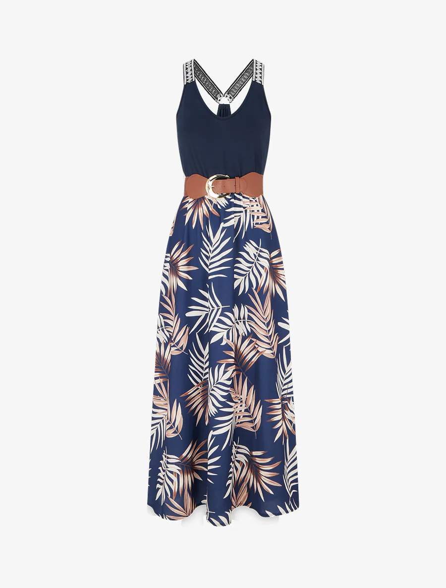 Robe longue imprimé feuillage - Camel