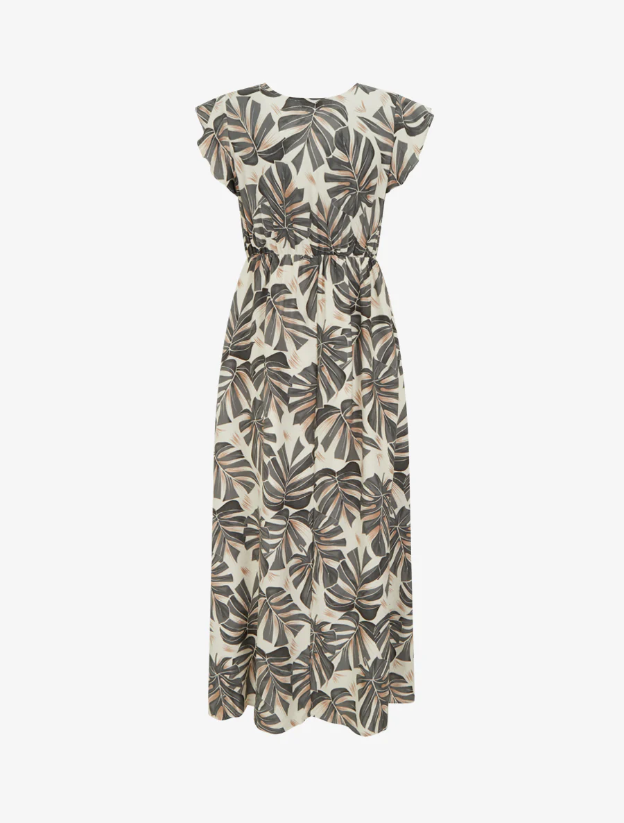 Robe longue imprimé feuilles à manches courtes - Gris - Image 2