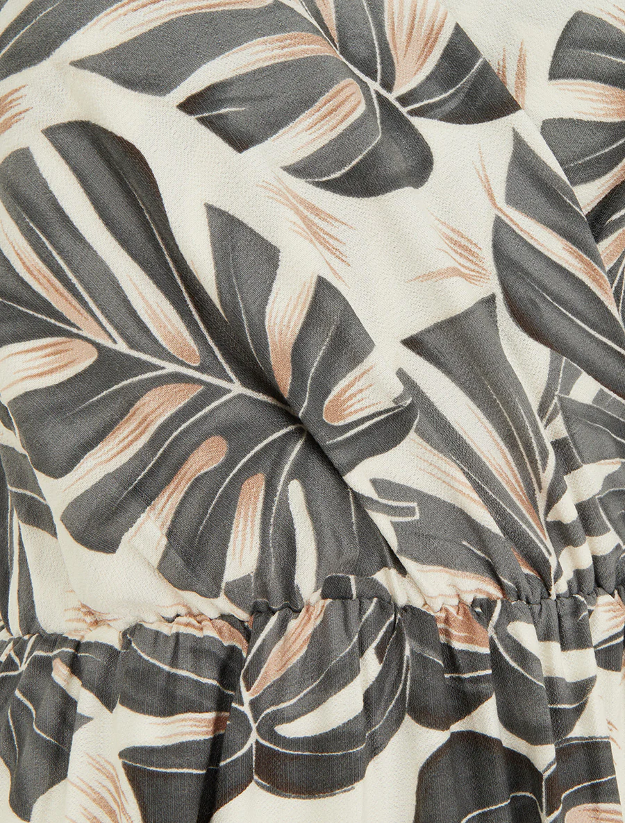 Robe longue imprimé feuilles à manches courtes - Gris - Image 3