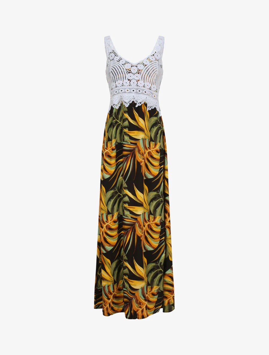 Robe longue imprimé feuilles exotiques et crochet - Noir