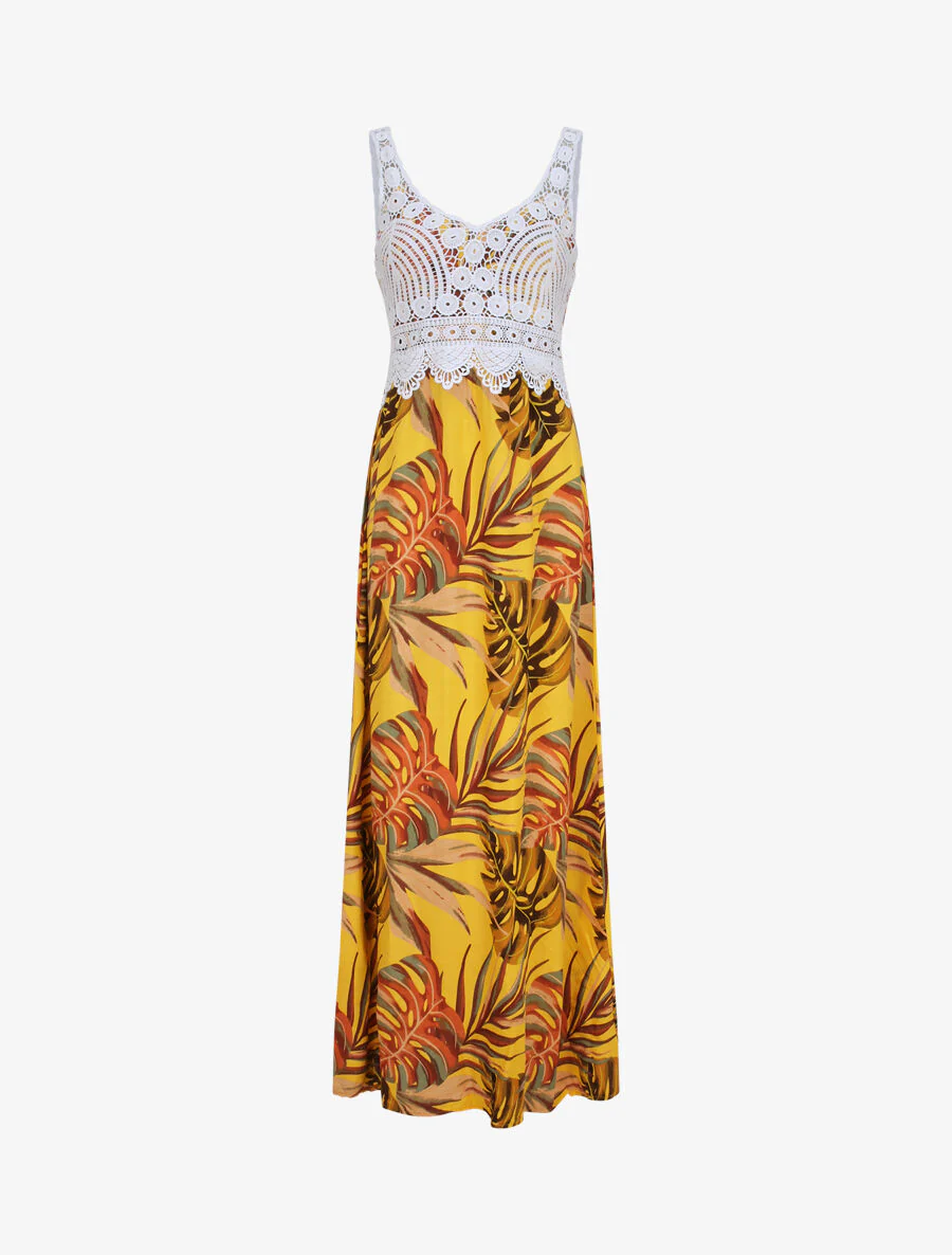 Robe longue imprimé feuilles exotiques et crochet - Jaune