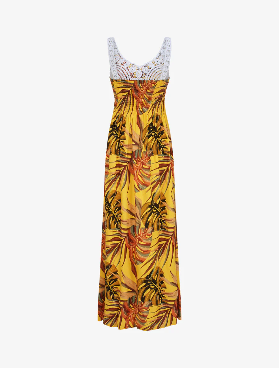 Robe longue imprimé feuilles exotiques et crochet - Jaune - Image 2