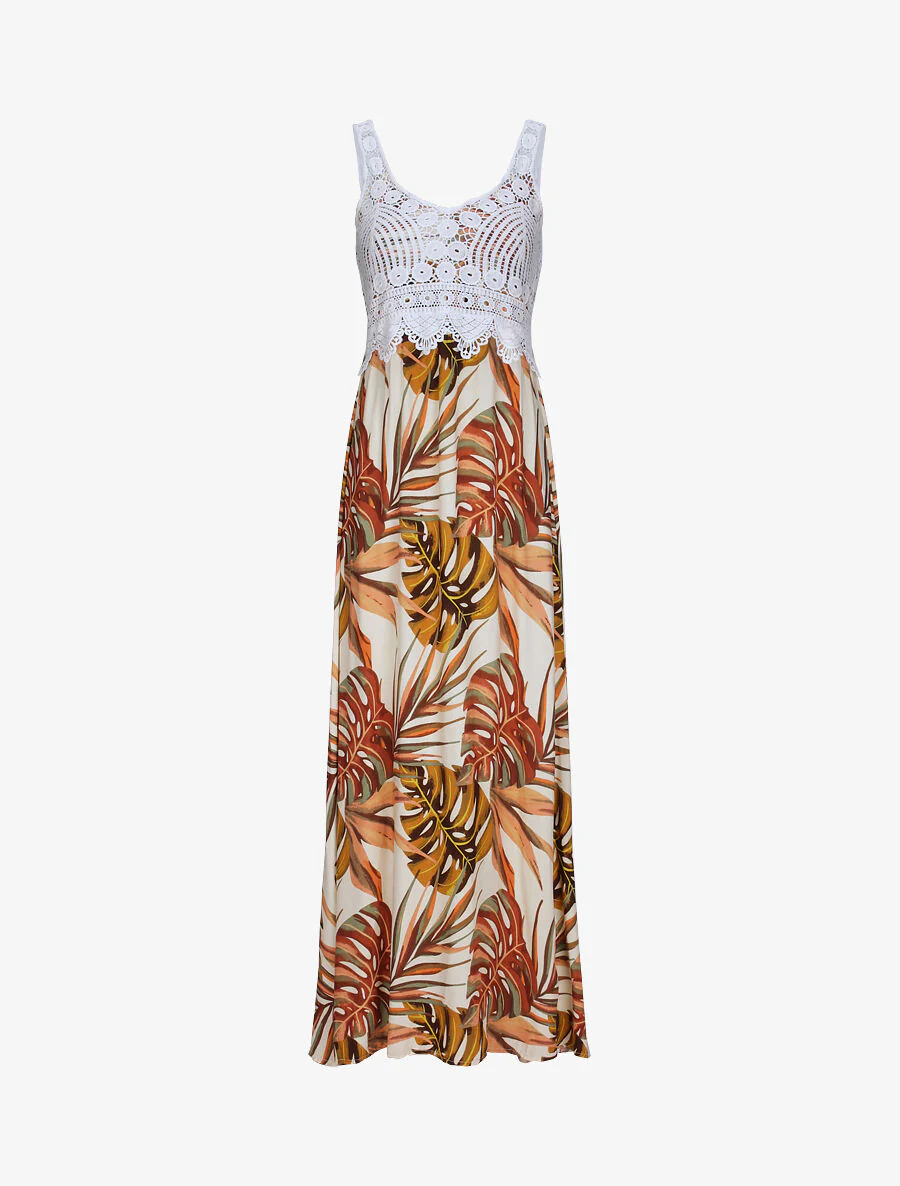 Robe longue imprimé feuilles exotiques et crochet - Beige