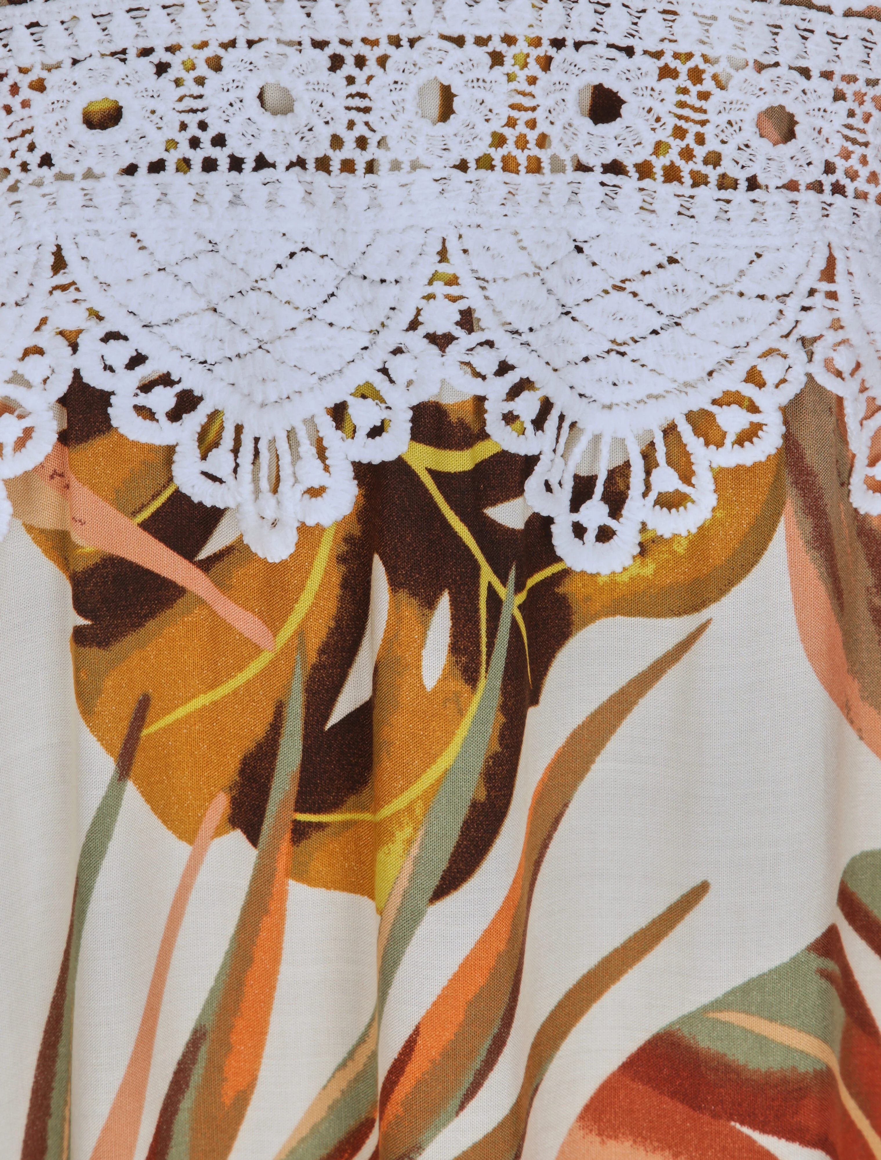 Robe longue imprimé feuilles exotiques et crochet - Beige - Image 3