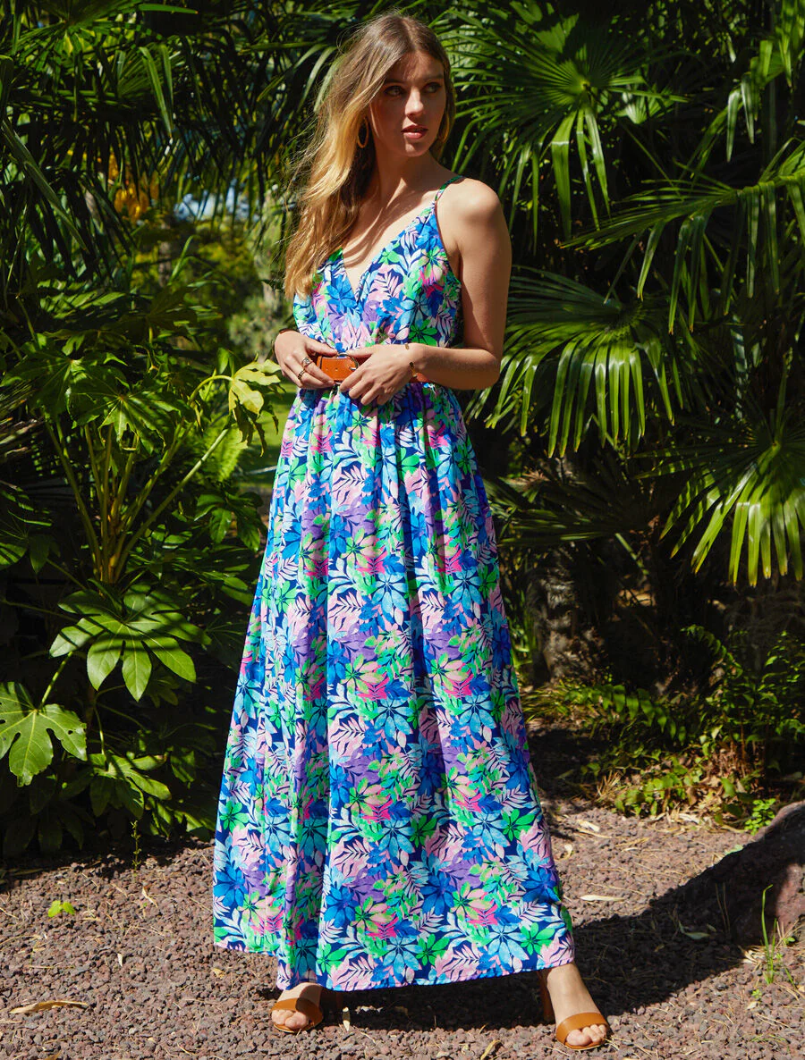 Robe longue imprimé feuilles sauvages à bretelles - Bleu