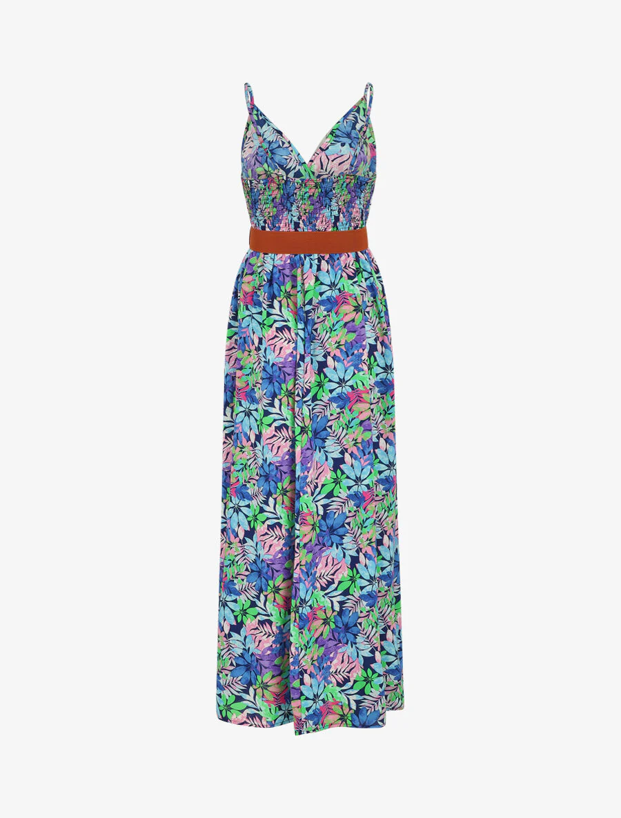 Robe longue imprimé feuilles sauvages à bretelles - Bleu - Image 3