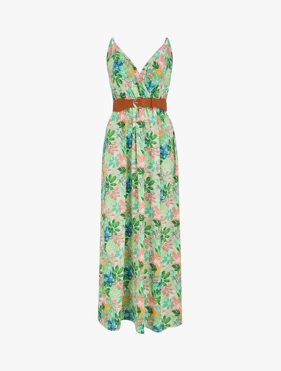 Robe longue imprimé feuilles sauvages à bretelles - Vert
