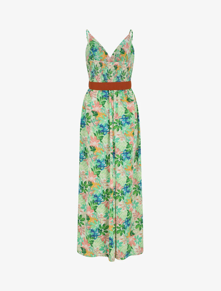 Robe longue imprimé feuilles sauvages à bretelles - Vert - Image 2