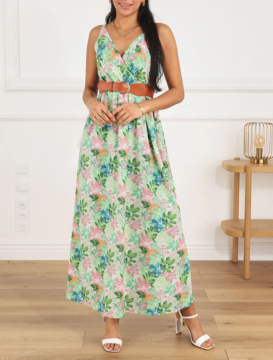 Robe longue imprimé feuilles sauvages à bretelles - Vert - Image 5