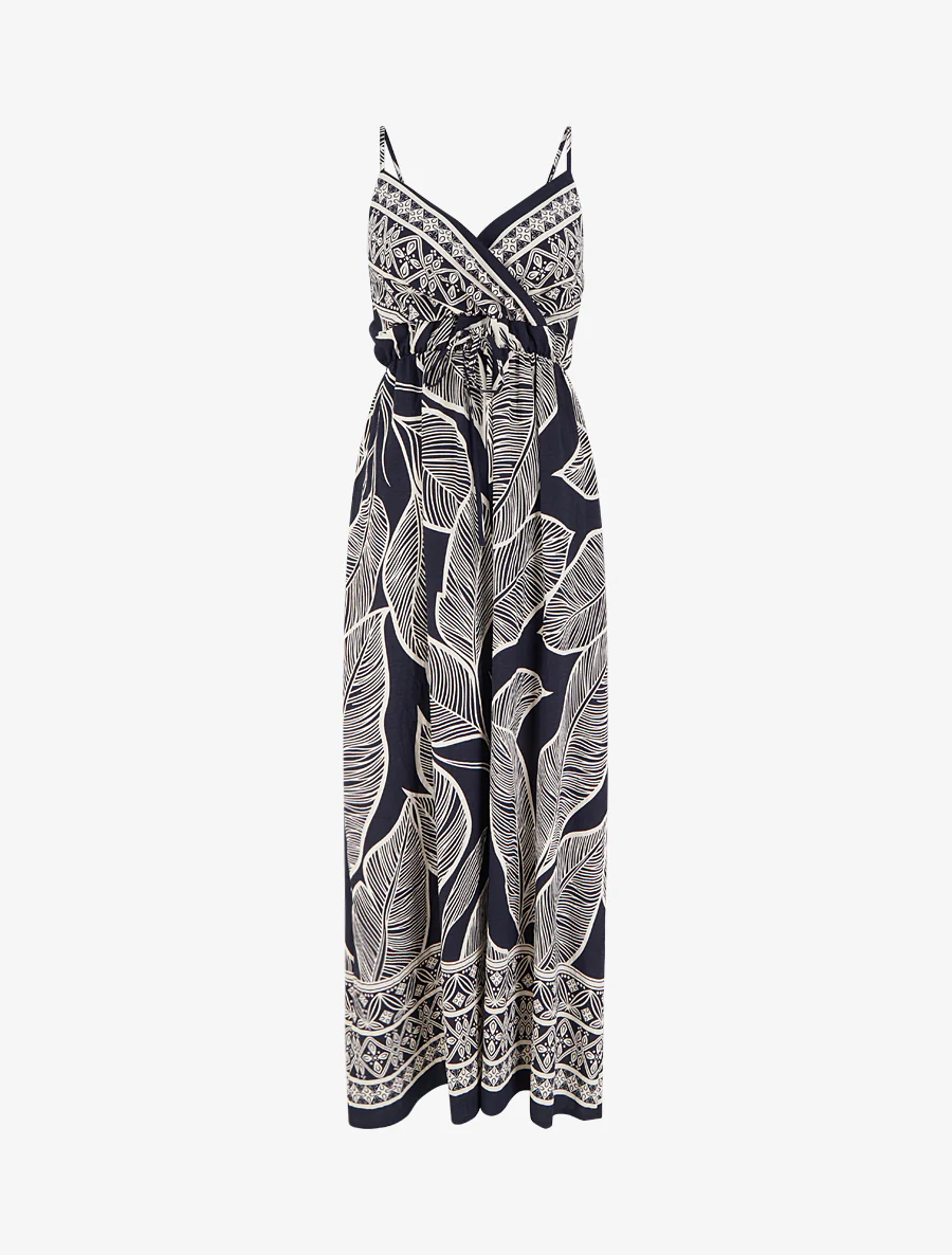 Robe longue imprimé feuilles stylisées - Marine