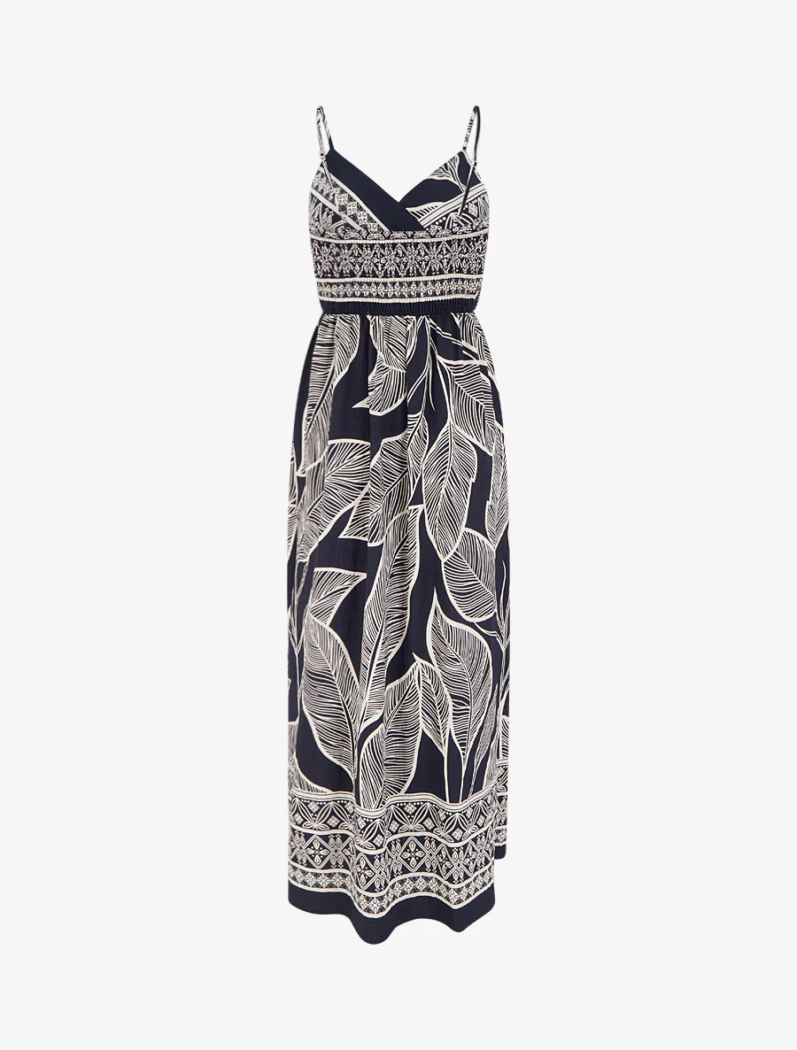 Robe longue imprimé feuilles stylisées - Marine - Image 2
