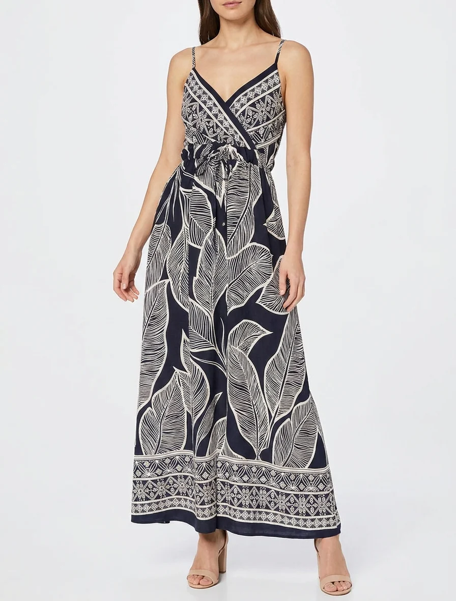 Robe longue imprimé feuilles stylisées - Marine - Image 4
