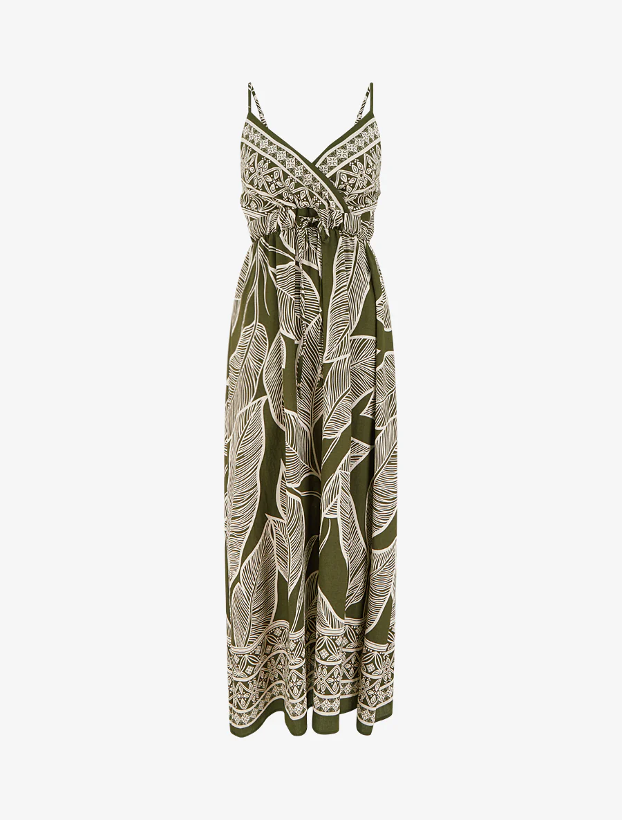 Robe longue imprimé feuilles stylisées - Kaki