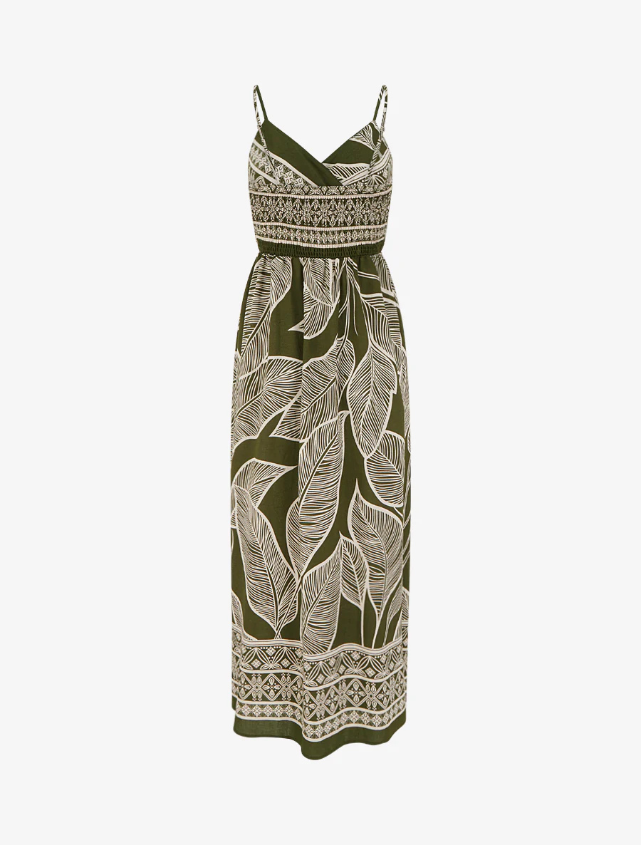 Robe longue imprimé feuilles stylisées - Kaki - Image 2