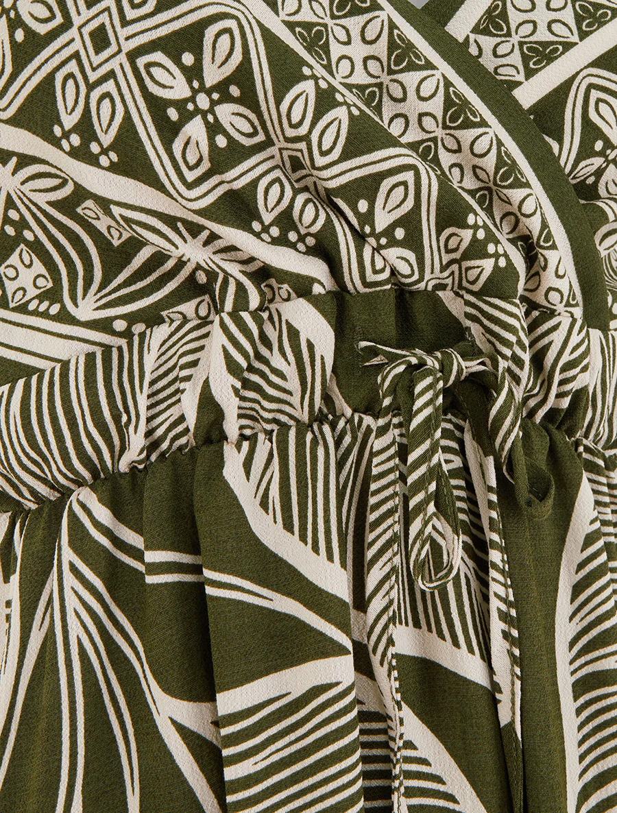 Robe longue imprimé feuilles stylisées - Kaki - Image 3